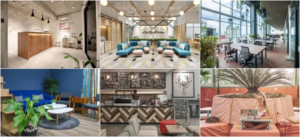 Remote workers using a modern coworking space while traveling