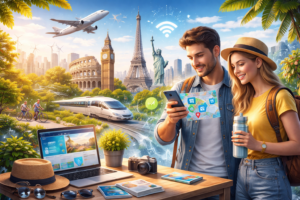 Modern travel in Europe and the United States with digital planning and sustainable tourism