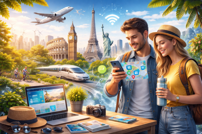Modern travel in Europe and the United States with digital planning and sustainable tourism